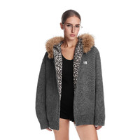 FDR旗舰店 连帽豹纹毛领开衫毛衣男秋冬情侣装保暖长袖拉链外套女