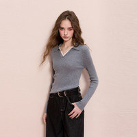 三彩2025冬季新款修身蕾丝花边V领针织衫长袖套头上衣显瘦百搭M