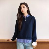 茵曼 撞色拼接假两件长袖T恤女2025年秋季学院风宽松显瘦上衣