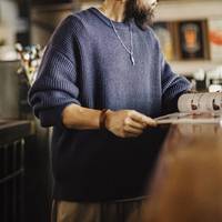 马登 MADEN工装美式蓝色坑条毛衣圆领套头垂感外穿条纹上衣针织外套男冬