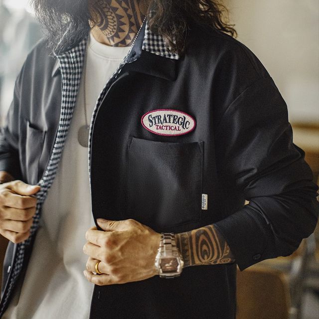 马登 工装 美式黑色口袋衬衫长袖梭织山系薄款机能通勤衬衣外套