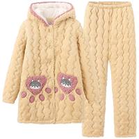 雪俐珊瑚绒睡衣女秋冬季三层夹棉袄加厚加绒保暖家居服法兰绒套装