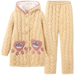 雪俐 珊瑚绒睡衣女秋冬季三层夹棉袄加厚加绒保暖家居服法兰绒套装