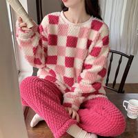 宝娜斯（BONAS）可爱花边睡衣宽松甜美法兰绒印花蝴蝶结加厚居家服可外穿套装 方格套装-红色 均码 （适合80-140）