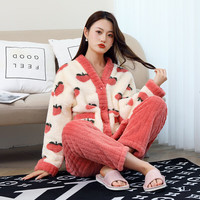 宝娜斯（BONAS）可爱花边睡衣宽松甜美法兰绒印花蝴蝶结加厚居家服可外穿套装 乌龙桃套装 均码 （适合80-140）