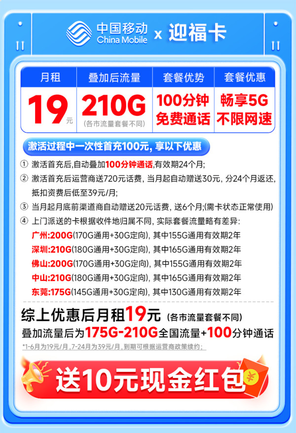 中国移动 广东本地套餐 半年19元月租（210G全国流量+100分钟通话+各市套餐不同）激活送10元现金红包