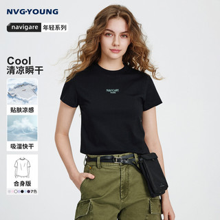 Navigare意大利小帆船短袖t恤女2026夏季凉感速干防晒体恤衫圆领上衣 暗夜黑 L