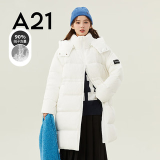 A21秋冬女装梭织宽松可拆帽长袖长装开胸厚羽绒保暖外套 米白