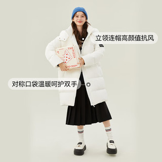 A21秋冬女装梭织宽松可拆帽长袖长装开胸厚羽绒保暖外套 米白
