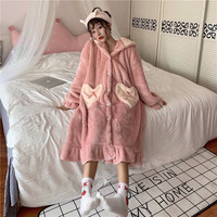 有只绵女士秋冬加厚珊瑚绒睡衣大耳狗连帽睡袍居家服女装 粉桃心睡袍 均码 （80-160斤）