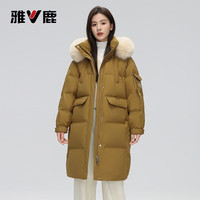 雅鹿中长款羽绒服女2025冬季狐狸毛领时尚百搭连帽加厚保暖外套女 橄榄绿 S /155
