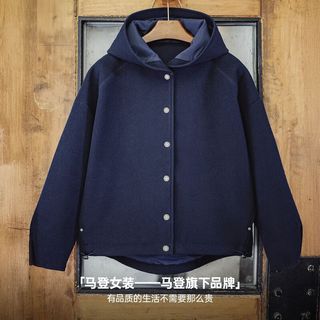马登 MADEN毛呢感连帽外套廓形收腰休闲夹克女士开衫短款呢子大衣秋冬女上装 藏青色 L (120-130斤/卡码拍小)