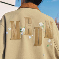 MEDM 珠片小花底特律休闲夹克男女春秋美式复古翻领宽松外套上衣 卡其色