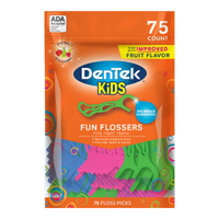 德泰克DenTek进口儿童牙线含氟便携超细家庭装宝宝牙线棒婴幼儿专用小孩剔牙缝水果味非日本 儿童牙线75支装（天然果味）