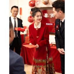 vimadtly新中式订婚礼服红色马面裙敬酒服套装女秋冬回门服新娘结婚便服装 三件套_(上衣+马面裙+外套) M