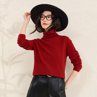 春竹【无缝纯羊毛】秋冬堆堆领卷边休闲洋气保暖针织打底衫女士羊毛衫 鲜红 M 95cm
