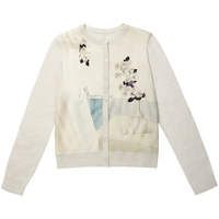 鄂尔多斯1980精纺羊毛拼接圆领印花女针织开衫26早春 烟白色 S 160/80A