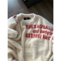 冬季仿貂绒肩部字母提花软糯毛衣男款美式套头圆领宽松针织衫外套