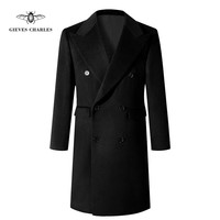 GIEVES CHARLES【含30%羊绒】秋冬新品黑色双排扣羊毛羊绒混纺长款毛呢大衣男 黑色 4