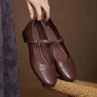 君闵 真皮包鞋女2025年春秋棕色玛丽珍鞋软皮软底低跟粗跟大尺码圆头女