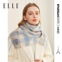 ELLE 100%羊毛围巾女士秋冬季保暖时尚百搭格子围脖礼盒 蓝格
