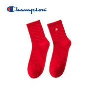 Champion26春季新年红色中筒袜罗纹运动袜中筒袜男女同款 红色 L(24-26CM)