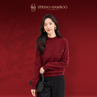 春竹 SPRING BAMBOO【新年战袍】无缝100%羊毛秋冬半高领假口袋保暖女红色羊毛衫 安哥拉红 XL (115-130斤)