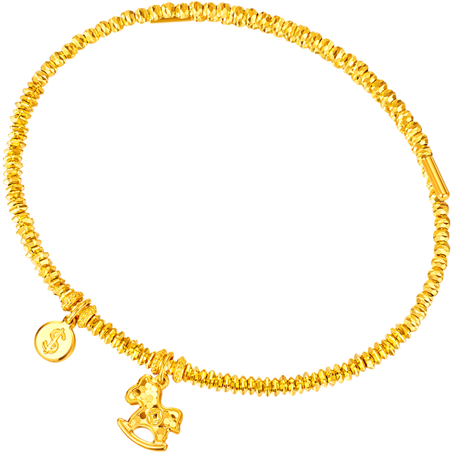 六福珠宝 黄金手镯马上有钱光影金足金弹力镯金珠手链 计价 约6.24克