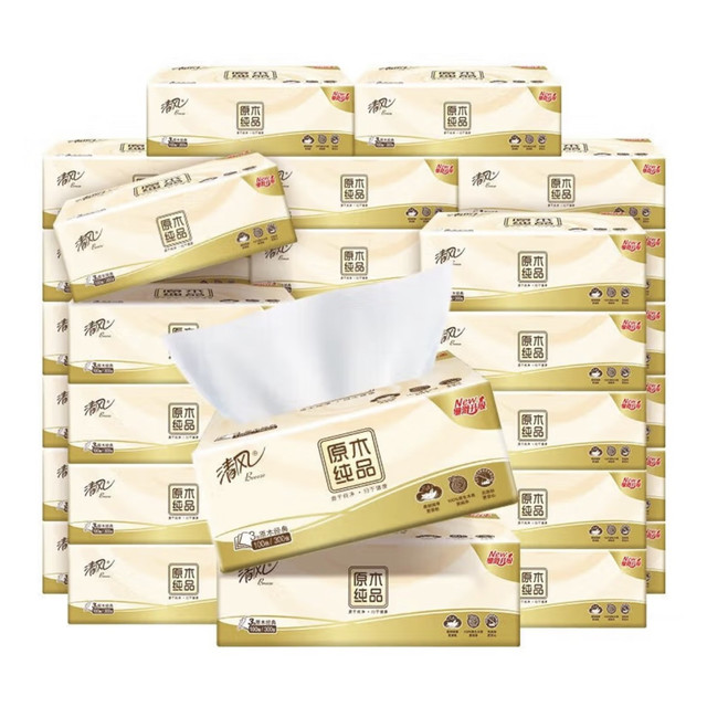 清风 原木纯品 加大加厚抽纸3层*100抽*24包
