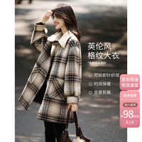 尚静 女装 格纹撞色针织拼接翻领宽松保暖羊毛外套