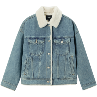 森马 冬拼接夹棉牛仔外套女宽松港风复古翻领夹克保暖小个子高级感外套