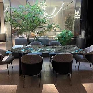 海代蓝翡翠奢石长方形餐桌意式轻奢极简高端别墅现代简约家用 2米*1米 【蓝翡翠天然奢石】 一桌八椅