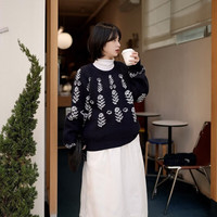 茵曼（INMAN）慵懒风花卉提花针织衫2026春季女装宽松圆领套头衫上衣 藏青色 S