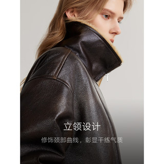 ELLE深棕色加绒皮衣外套女2024冬季机车风上衣 深棕 M
