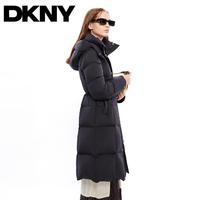 DKNY 【90白鸭绒】拼接仿皮保暖连帽收腰高级长款女式羽绒服女款冬季
