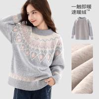 迪士尼 女童毛衣冬季儿童加厚上衣大童新年装青少年加绒毛线衣红色拜年服