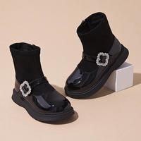 富罗迷 儿童短筒袜靴秋冬女童小皮靴小公主皮靴时装靴加绒时尚百搭靴子