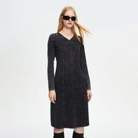 【开叉长裙】冬季时尚V领纯色开叉中长款连衣裙女