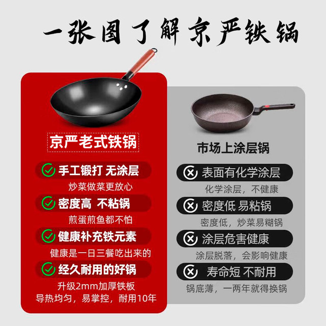 宅家食光：京严 宗师款圆底铁锅 34cm 带盖 + 铲