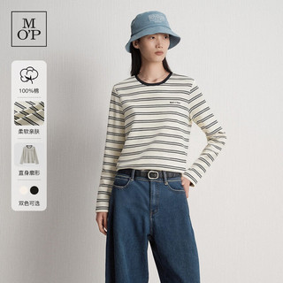 Marc O'Polo/MOP 2026春季撞色条纹logo长袖纯棉t恤女士 白黑条S01 XS