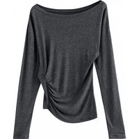 初语不规则压褶长袖T恤女2025秋天丝羊毛修身露肩斜肩打底衫 深灰色 L