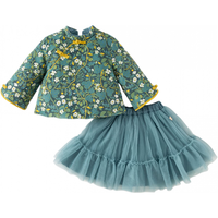 戴维贝拉（DAVE＆BELLA）女童套装国风中大童上衣半裙两件套加厚儿童衣服冬童装 绿底印花 110cm（身高100-110cm）