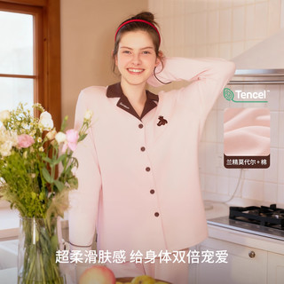 Teenie Weenie小熊睡衣男2025秋季莫代尔长袖家居服套装女 浅粉色 【撞色皇冠|开襟-女】 M 女 115-125斤 | 男110-140斤