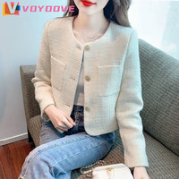 VOYDOVE 小香风短款外套女2025春秋新款小个子粗花呢纯色感上衣 米白色