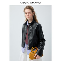 VEGA CHANG【黑皮立扣】短款皮质夹克女2026春季酷感立领皮衣 气质黑 S