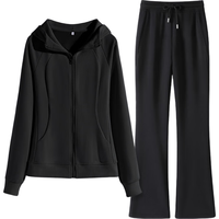 MJ STYLE2025春季休闲慵懒套装连帽修身开衫高腰阔腿裤长裤搭配两件装 黑纯色/黑纯色