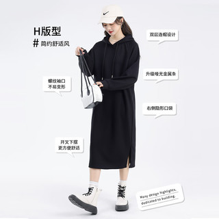 MJ STYLE连帽卫衣连衣裙子女2026年春秋收腰显瘦设计感百搭休闲长裙 麻灰/纯色