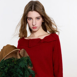 三彩 2025冬季蝴蝶结针织衫一字领毛衫套头女 S 155/80A