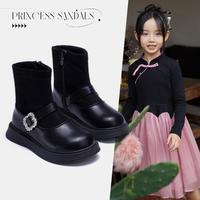 富罗迷 小香风短筒袜靴24年秋冬女童保暖加绒小皮靴公主皮靴棉靴