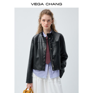VEGA CHANG 黑皮立扣短款皮质夹克